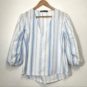 Zara V-Neck Striped Balloon Sleeve High Low Blouse Size M